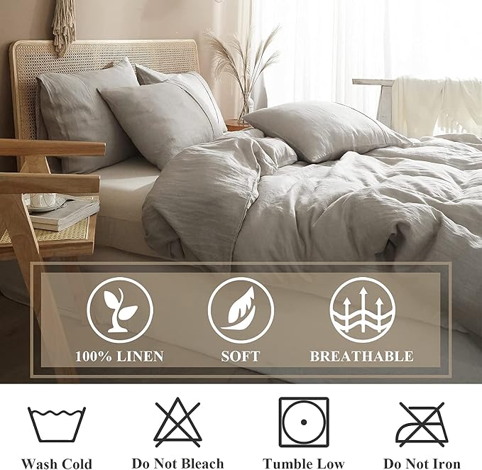 Ivellow Pure Linen Duvet Cover Queen 100% Natural Washed French Flax Linen Duvet Cover Queen Size 3 Pcs Soft Breathable Moisture Wicking Comfy Cooling Linen Bedding Comforter Cover with 2 Pillowcases