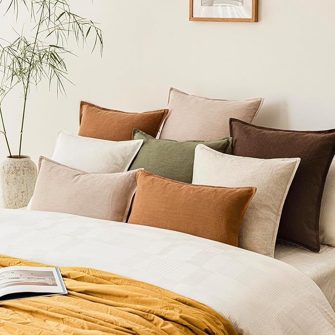 Foindtower Pack of 2, Decorative Linen Soild Throw Pillow Covers Soft Accent Cushion Case Farmhouse Neutral Pillowcase for Chair Couch Sofa Bedroom Living Room Home Decor 26 x 26 Inch Tan Beige