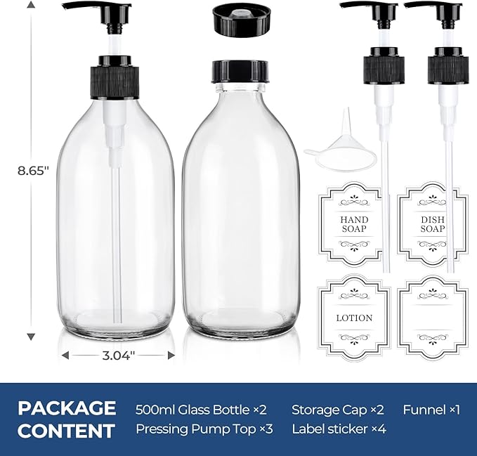 16 oz Clear Glass Soap Dispenser with Pump, Glass Pump Bottle for Lotion Body Oil, 500ml Hand and Dish Soap Dispensers Set with Storage Caps, Labels - 2 Pack