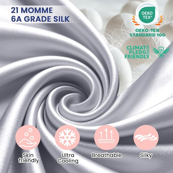 Silk Pillow Cases 2 Pack for Hair and Skin with Hidden Zipper, Ravmix Mulberry Silk Pillowcases Standard Size 20×26inches Set of 2 Silk Cooling Pillow Cases, Silver Grey