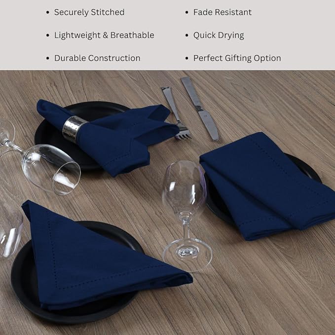 Hemstitch Cloth Dinner Napkins 100% Cotton Set of 12 - for Dining Special Occasions Weddings Parties Holidays Easter - Soft Durable Reusable - 18x18 Inch Table Cloth Napkins Navy Blue