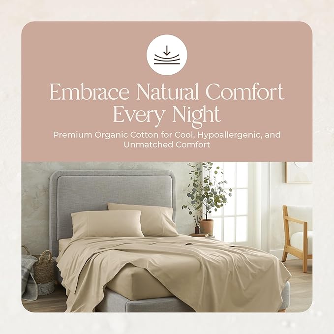 100% Organic Cotton Sheets Queen Size - GOTS Certified Organic Bed Sheets with Deep Pocket 300 Thread Count & Cozy Sateen Weave Gets Softer with Each Wash - Luxury 4 Piece Set (Dune, Queen)