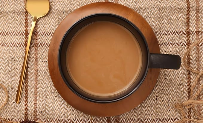 Ceramic Coffee and Tea Cup with Natural Acacia Wood Saucer (8 Oz), Best for Latte, Cappuccino, Tea or Espresso. Unglazed Porcelain Arty Mug (Pure black)