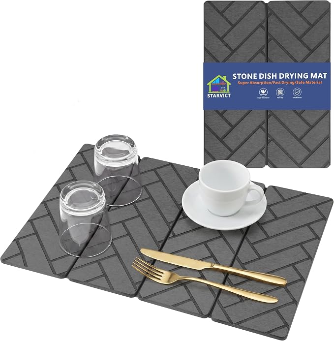 Large Stone Dish Drying Mat for Kitchen Counter,24"×16",Foldable Super Absorbent and Quick Dry Diatomaceous Earth Stone Drying Mat,for Bottles Cups Dishes,Non-slip,Match Any Countertop