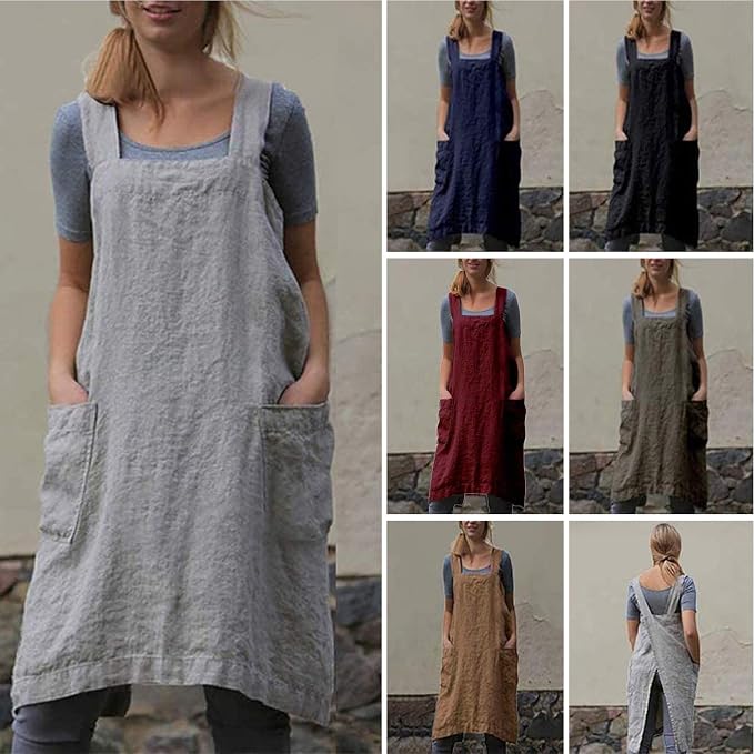 Apron for Womens Cotton Linen Apron Cross Back with Pockets Pinafore Dress for Baking Cooking