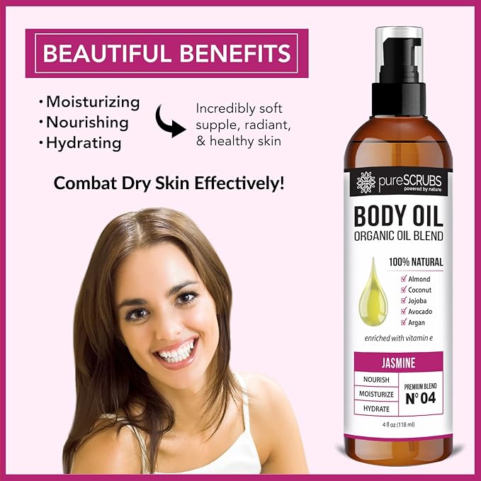 pureSCRUBS Ultra Moisturizing Jasmine Body Oil for Dry Skin, 4 oz | Luxurious After Shower Body Oil for Soft, Silky, Glowing Skin, Non-Greasy, Fast Absorbing & Hydrating Formula with Vitamin E