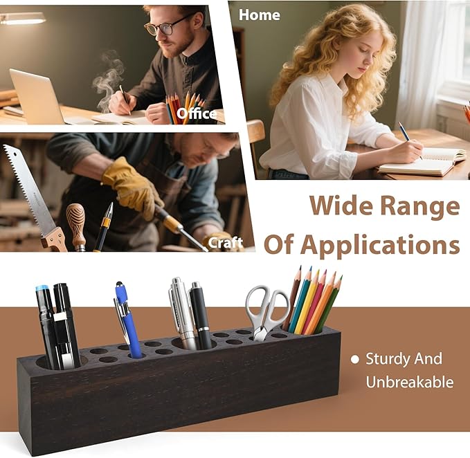 Black Walnut Wooden Pencil Box Wood Pen Holder for Desk Walnut Wooden Office Desk Organizers with 15 Holes for Countertop Pencil Makeup Brush Holder for Table Store Marker Office Supplies