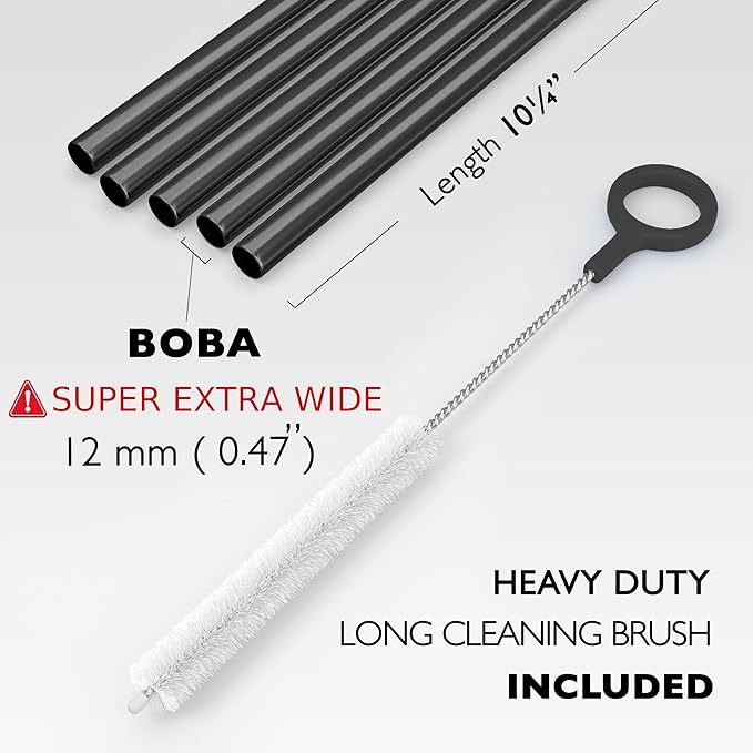 Fiesta First 5 Super Extra Wide Boba Straws Black Stainless Steel. 10.23" Long Metal Straws Reusable Fat Thick Large Jumbo for Smoothies, Bubble Tea. Dishwasher Safe Hard Drinking Straws