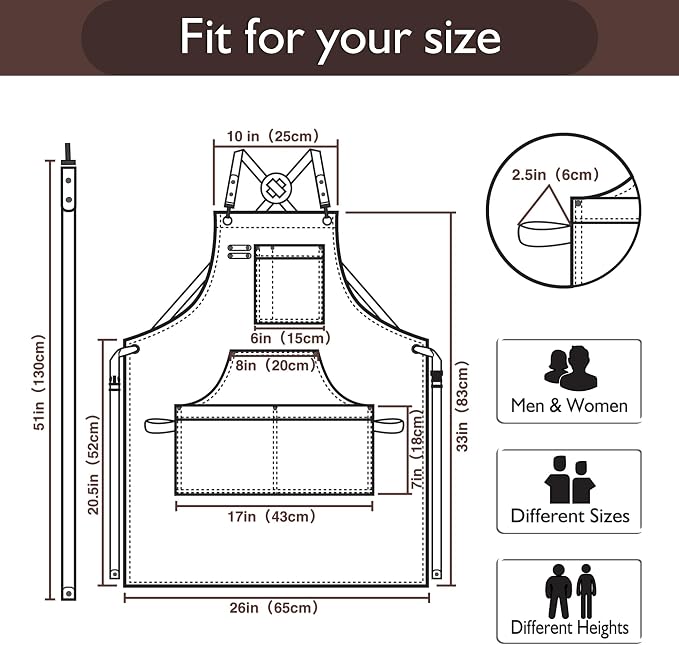 Kitchen Apron, Work Apron, Canvas Apron, Brown | Multiple Pockets, Gardening, Painting, BBQ, Carpenter, Sizes M to XXL