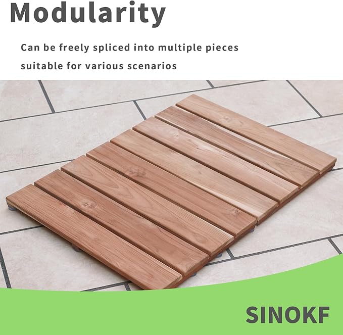 Teak Shower Mat, (24"x17") Wood Bath Mat for Bathroom, Heavy Outdoor Non-Slip Wooden Floor Mats for Spa or Sauna