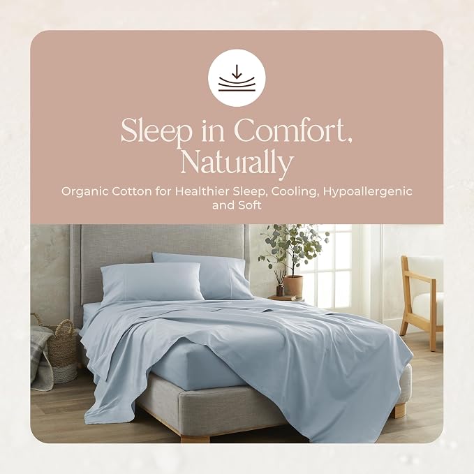 100% Organic Cotton Pillow Cases King Size Set of 2-100% Cotton Pillowcases GOTS Certified 300 Thread Count - Naturally Cooling Comfortable Breathable & Soft Pillow Cases (Powder Blue, King)