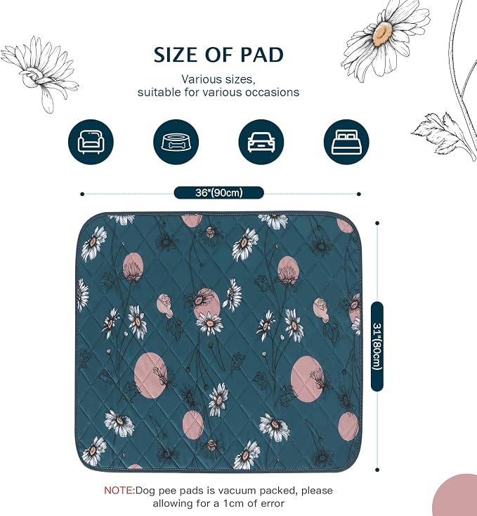 IEUUMLER Washable Pee Pads for Dogs, 2 Pack Non-Slip & Waterproof Whelping Pad, Reusable Puppy Potty Training with Fast Absorbent for Playpen EU007 (Navy Blue Daisy, 31"X36"-2pcs)