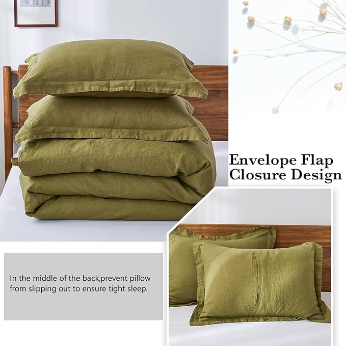 100% French Linen Pillow Shams Basic Style - Pack of 2 - Washed Solid Color Natural Flax Soft Breathable - Olive, 20'' x 26''
