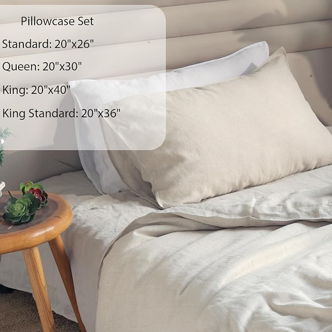 XZ XIFA Linen Pillowcases King - Pack of 2-100% Natural Washed French Flax, Breathable, Durable, Textured Envelope Pillowcases - Linen, 20'' x 40''