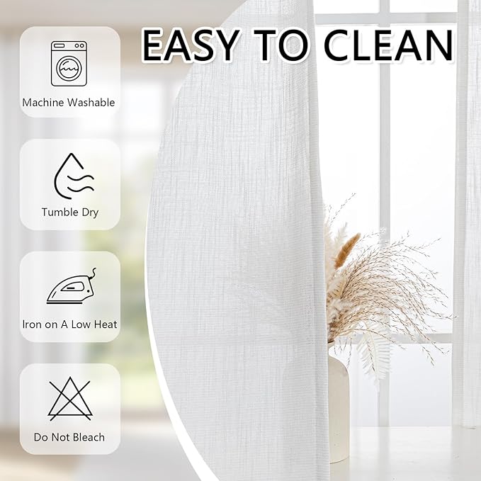 MYSKY HOME Natural Linen White Curtains 80 Inches Long, Semi Sheer Soft Cotton Window Drapes Set for Living Room Back Tab Elegant Cute Look Country Bedroom Curtains, Beige White, 50" x 80", Pack-2