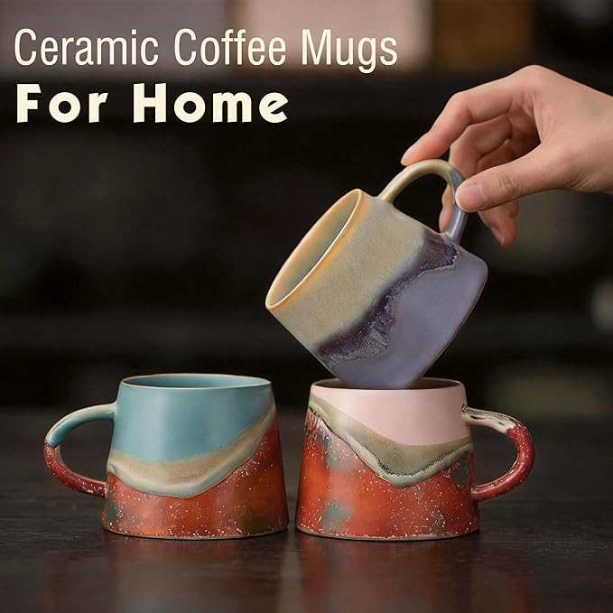 Vintage Coffee Mugs, 8 OZ Handmade Ceramic Coffee Mug with Handle, Pottery Coffee Cup for Morning Coffee, Tea & Latte, Lead-Free, Non-Toxic, Dishwasher & Microwave Safe for Home & Office.(Pink)