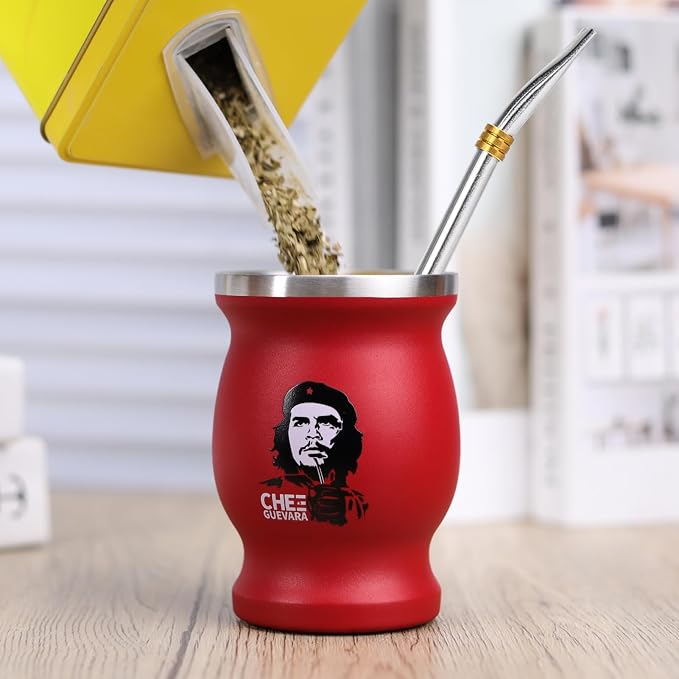 Yerba Mate Cup Set, Includes Stainless Steel Argentina Classic Mate Gourd, 2pcs Bombilla Straws and Clean Brush (Red Che)