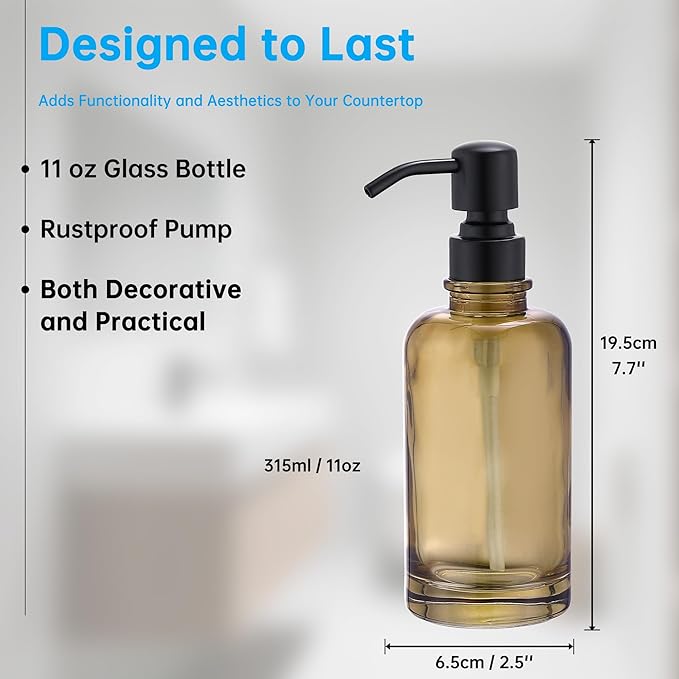 Glass Soap Dispenser Brown with Black Pump, 11 OZ Liquid Soap Dispenser Amber Cylindrical Bottle with Stainless Steel Pump for Dish Hand Soap Bathroom Kitchen Vanity Countertop