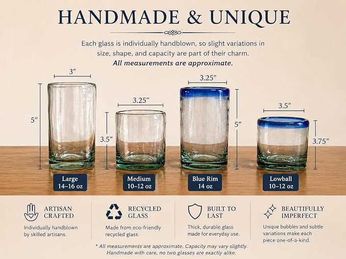 Aztecas Design Handblown Recycled Glass Drinking Glasses, Clear, Set of 4, Classic Style (10oz)