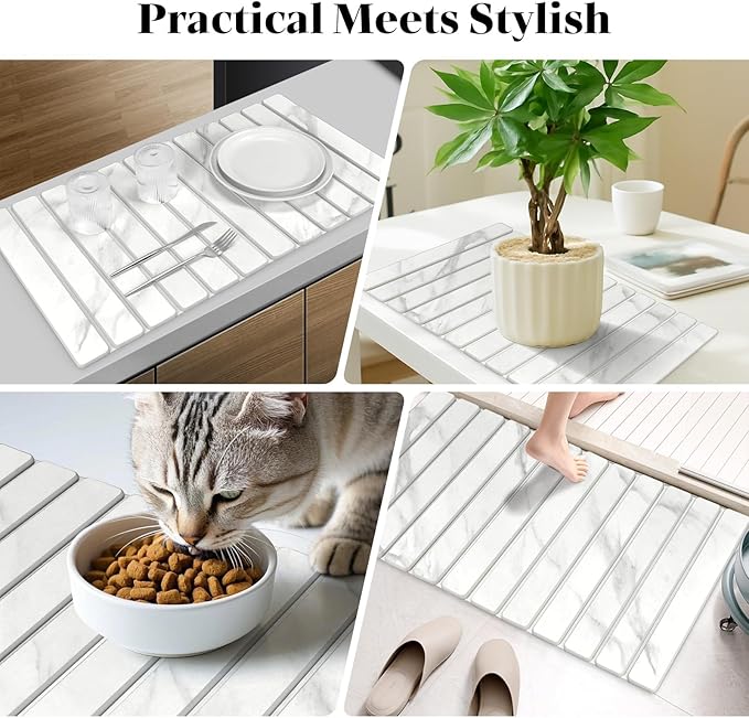 Large Stone Dish Drying Mat for Kitchen Counter, Quick Dry Dish Drying Mats, Foldable Absorbent Diatomaceous Earth Mats for Dishes Bottles Cup, Match Any Countertop (White Marble 28"×16" & 8"x4")