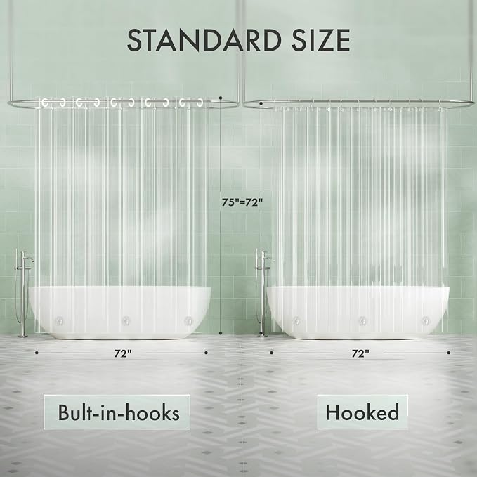 AmazerBath No Hook Shower Curtain and Liner 3-in-1, 100% EVA Luxury Soft Heavy Duty Clear Shower Liner, 72x75 Hookless Shower Curtain with 3 Heavyweight Stones