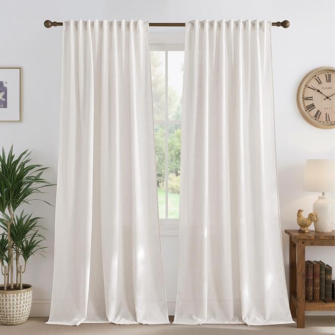 NICETOWN Natural Linen Cream Curtains for Bedroom, Pleat Tab Privacy Added Curtains & Drapes with Light Filtering Window Treatments for Living Room/Farmhouse, W52 x L95, 2 Panels