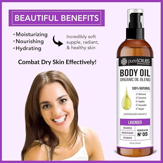 pureSCRUBS Ultra Moisturizing Lavender Body Oil for Dry Skin, 4 oz | Luxurious After Shower Body Oil for Soft, Silky, Glowing Skin, Non-Greasy, Fast Absorbing & Hydrating Formula with Vitamin E
