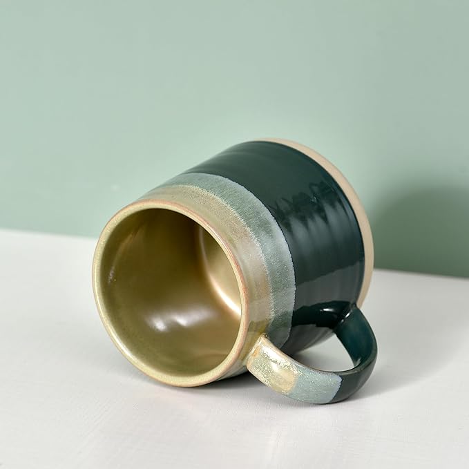 fMBB Ceramic Coffee Mug, 13 oz, Big Tea Cup, Reactive Glaze Shiny and Matte Surface Rich Colored Pottery Mugs, Wide Bottom Coffee Mug for Tea, Latte, Hot Chocolate, Home Decor, Green Tone