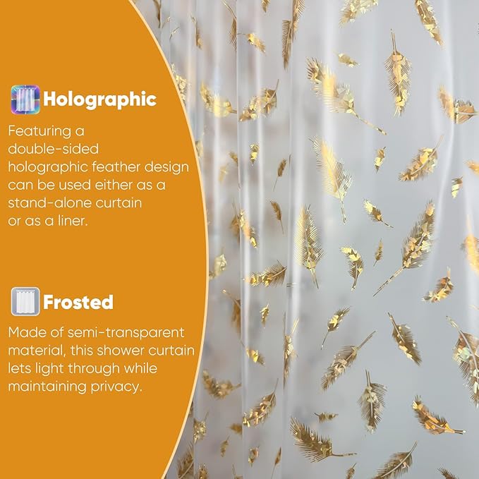 Plastic Shower Curtain Liner, Waterproof Printed PEVA Shower Curtain with Design, Holographic Feather Pattern, Rustproof Grommets, Standard Size 70x72 Bathtub Curtain for Bathroom (Pack of 1)