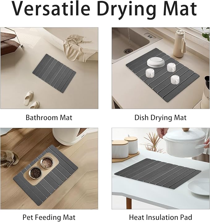 Large Stone Dish Drying Mat for Kitchen Counter, 24"×16" Absorbent Foldable Water Absorbing Mat, Diatomaceous Earth Quick Drying Pad for Dishes Bottles, Cups and Utensils, Dark Gray