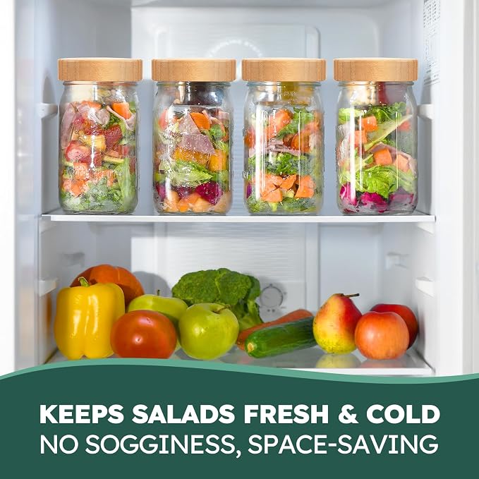 32 oz Glass Jars, Wide Mouth Mason Jars with Bamboo Airtight Lids for Food Storage, Snacks, Meal Prep & Lunch Leakproof (6 Pack - Bamboo)