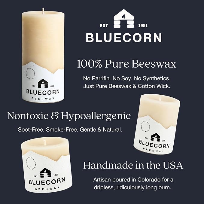 Bluecorn Beeswax 100% Pure Beeswax Pillar Candles, Ivory White, 3x3 | 6 Pack, Non Toxic, Unscented, Cotton Wick, 50 Hr Long Burning