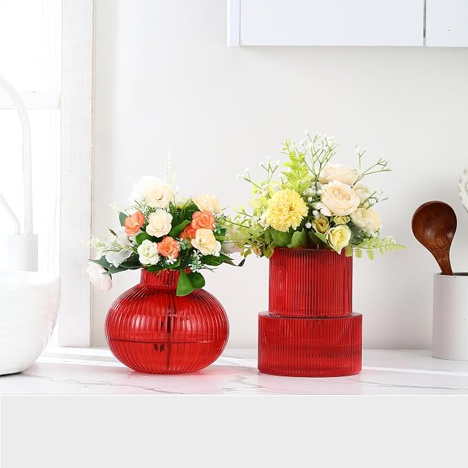 Ribbed Glass Vases, Set of 2 Fluted Vases for Flowers, Red Glass Vase for Tulips, Modern Vase for Living Room, Kitchen, Office, Entryway, Mantle, Bookshelf, Wedding Gifts, Birthday