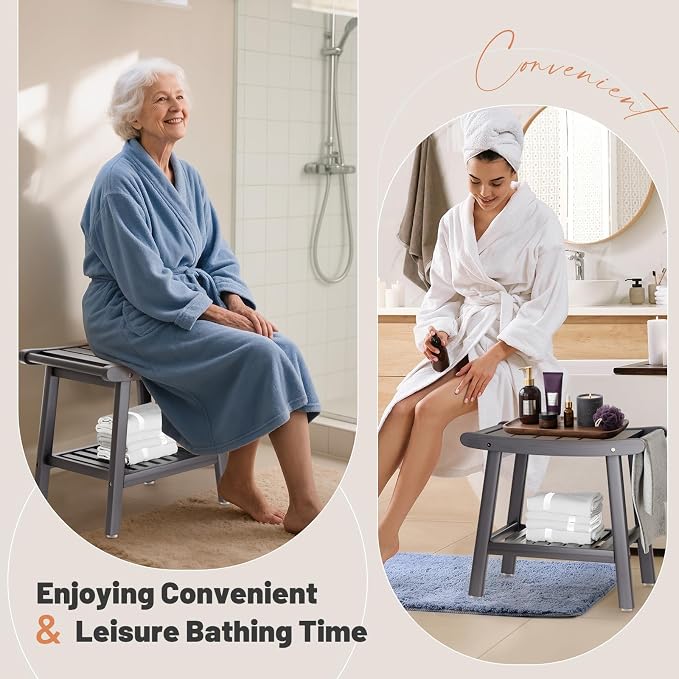 LEJANEOYE Bamboo Shower Bench Stool, Shower Chair for Inside Shower with 2-Tier Storage Shelf, Waterproof Shower Seat for Shaving Legs, Spa Bathroom Shower Bench-Grey