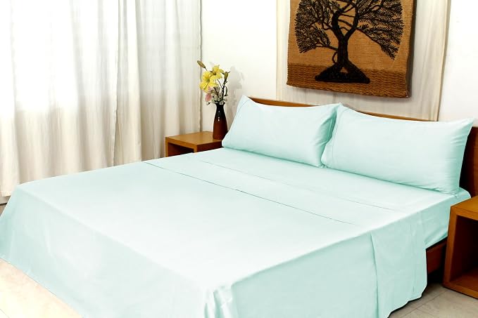 Organic Cotton Long Staple Silky Soft Single Pick Sateen Bed Sheet Set - Luxurious & Premium Hotel Quality - GOTS Certified - Solid Dyed (Clear Water, Queen (U.S. Standard))