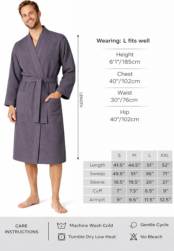 Turkish Linen Men’s Waffle Bathrobe Lightweight Kimono Spa Robe – Quick Dry Bath & Shower Robe for Men with Pockets