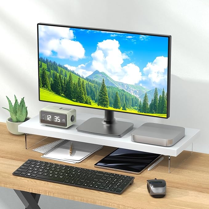 Dual Monitor Stand Riser, 40" Large Computer Monitor Stands for 2 Monitors, Wooden Desktop Organizer Shelf for Office Desk Computer, Laptop, TV, Monitor, Printer