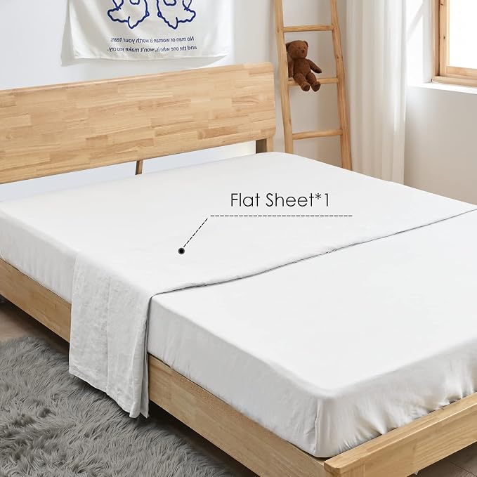Sijo Stone Washed Organic French Linen Bed Sheet Set, GOTS Certified Organic, Best Cooling Linen Sheet Award by Sleep Foundation, 1 Flat Sheet Only (Snow, Full/Queen)
