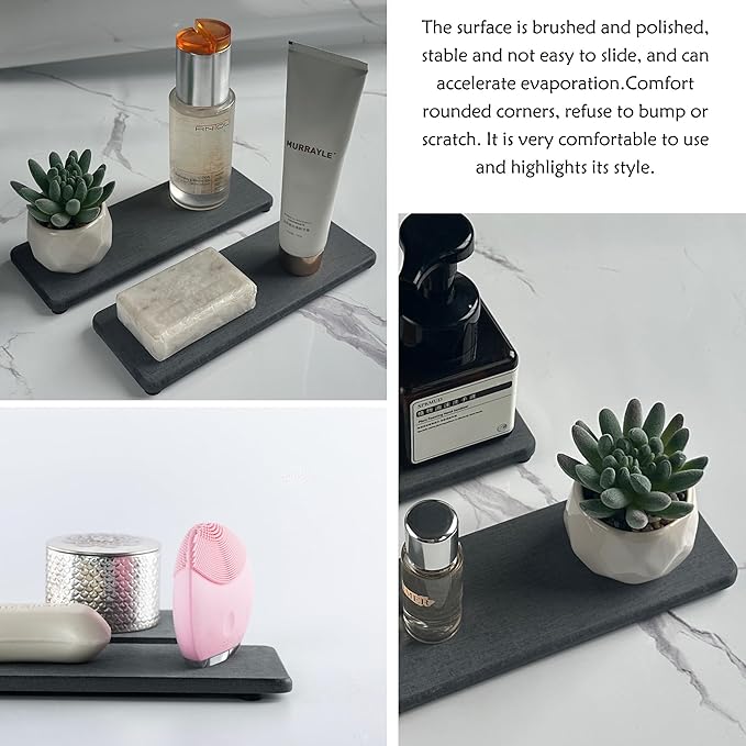 NiuYichee 2 Pcs Water Absorbing Stone Trays, Kitchen/Bathroom Sink Soap Dish, Diatomite Tray Used for Hand Soap & Cosmetic Bottles in The Modern Home, 3.15" W x 8.7" L, Dark Gray