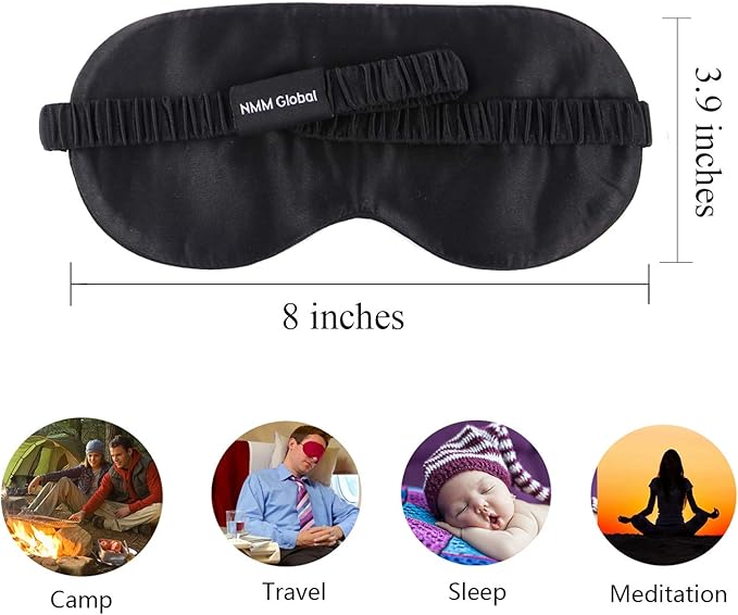 Mulberry Natural Silk Sleep Mask for Women & Men with Elastic Strap, Super Soft Sleeping Eye Mask, Size M, (Black)