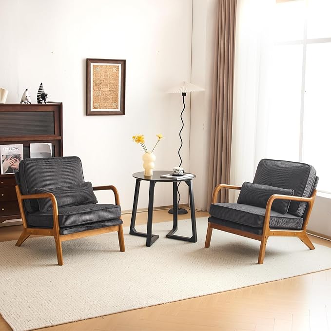 Karl home Mid-Century Modern Accent Reading Chair, Dark Grey | Corduroy Upholstered, Solid Wood Frame, Soft Cushion, Lumbar Pillow, Lounge Armchair for Living Room, Bedroom, Balcony, Study