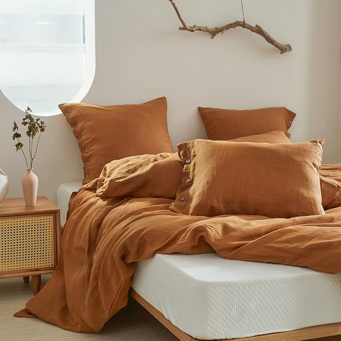 Simple&Opulence 100% Linen Duvet Cover Set 3pcs with Coconut Button Closure Natural French Washed Flax Solid Color Soft Breathable Farmhouse Bedding - Rust, Full Size