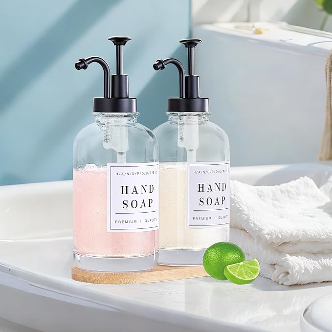 Glass Soap Dispenser with Pump,Tray,Funnel, Countertop Soap and Lotion Dispenser Set of 2, Dish and Hand Soap Dispenser Bottle for Kitchen,Bathroom,Shower, with 60 Stickers, 500ml/16.9oz