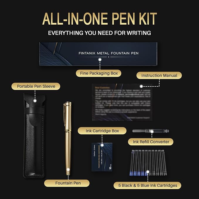 Fountain Pen with Medium Nib | Luxury Gold Finish, Smooth Ink Flow, Complete Set with Ink Cartridges, Converter & Sleeve | Ideal for Professionals, Office, Journaling, and Gifts