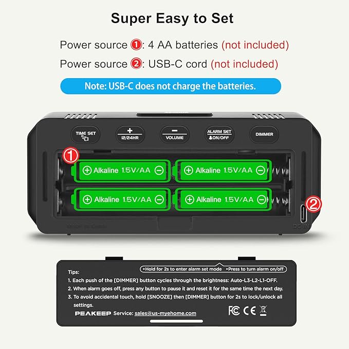 Peakeep Small Mini Digital Alarm Clock Battery Operated for Bedroom Travel, 1.65" Numbers Large Display Cordless Clock for Beside Seniors Elderly, Auto Manual Dimmers, 5 Levels Volume