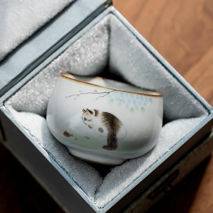 Master Teacup set of 2 cute cat tenmokus teacup Kungfu Tea Cup chinese tea set Ceramic Handmade Ceremonial Matcha Tea Mug