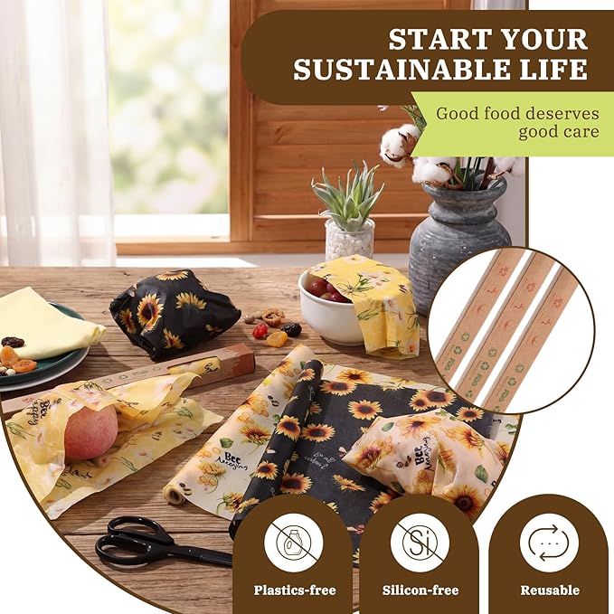 3 Rolls Reusable Beeswax Wraps for Food 13 x 40 Inches Bees Wax Wraps Reusable Food Storage Wrap Beeswax Paper Roll for Bread Sandwich Cheese Fruit Snacks(Bee)