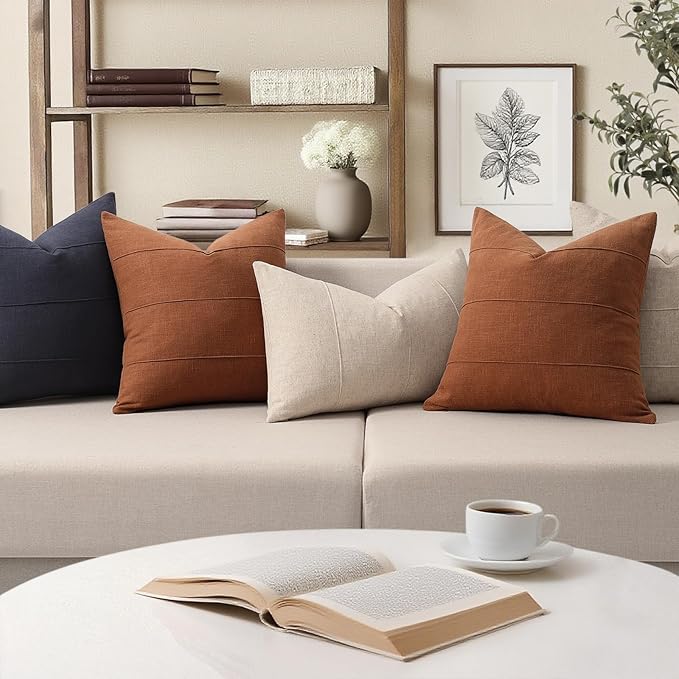 ZWJD Decorative Linen Throw Pillow Covers 26x26 Set of 2 Solid Handcrafted Striped Cushion Covers for Bed Soft Modern Farmhouse Neutral Pillowcase for Couch Bedroom Living Room Home Decor(Rust)