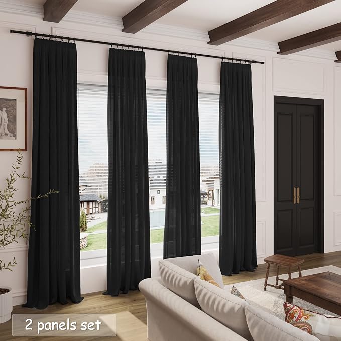 Linen Black Curtains 145 inch Extra Long for Living Room Back Tab Light Filtering Semi Sheer Drapes Modern Farmhouse Coastal Decor Cotton Textured Curtain for Floor to Ceiling High Window 52x145