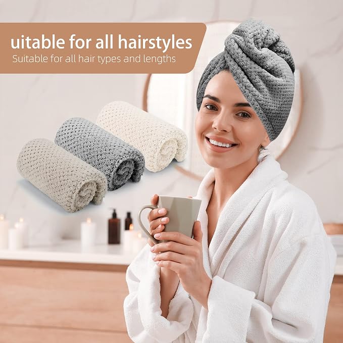 CZZXI 3 PCS Microfiber Hair Towel, Hair Wraps for Women Wet Hair | Fast Drying Hair Turban, Anti Frizz Head Towels Wrap for Curly Hair (Beige, Khaki, Grey)